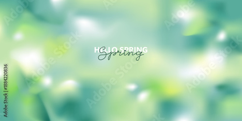Spring soft blurred background in green, white, yellow shades. Natural landscape with green leaves. Sunny warm cozy summer day with unfocused greenery. 