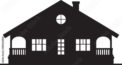 Black House Silhouette with Porch and Balcony on White Background