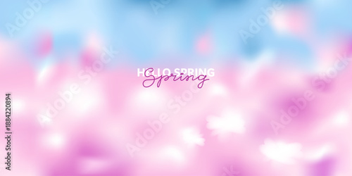 Spring blurred landscape with field of pink, white flowers. Blue sky, white clouds. Unfocused nature background. 