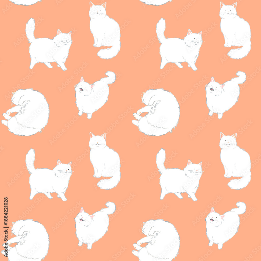 Obraz premium 白色の長毛猫のシームレスパターン 動物・ペットの手描き水彩イラスト背景素材