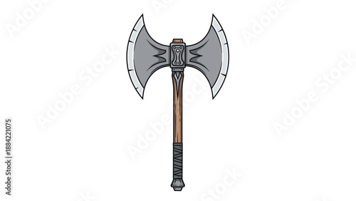 Ornate double-sided battle axe with a decorated handle and sharp steel blades used for fantasy or historical themes.