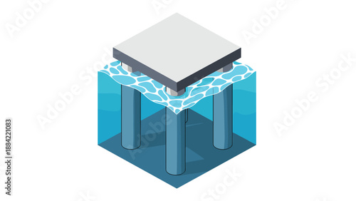 Isometric cross section of a marine structure with concrete pillars submerged in deep blue ocean water for engineering.