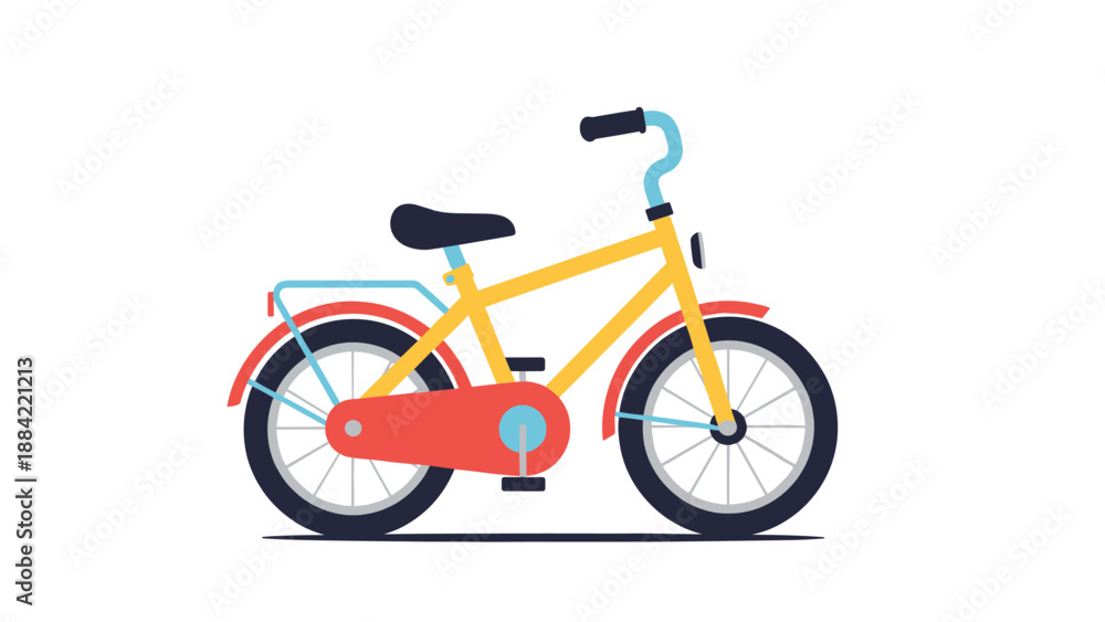 Fototapeta premium Colorful kids bicycle in yellow and red with training wheels and a rear carrier rack for young children playing.