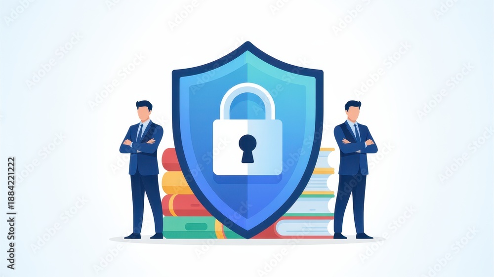 Fototapeta premium Two business men standing beside a large shield with a padlock symbol and stacks of books, shown on a light background with a clean, minimal composition.