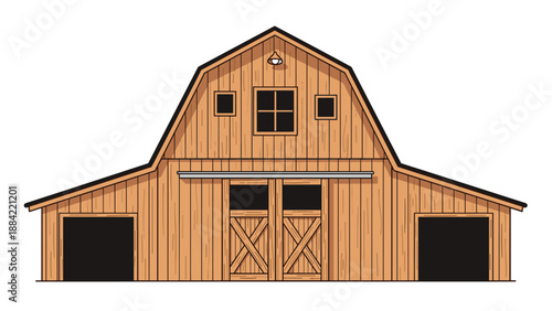 Traditional wooden farm barn with a classic gambrel roof and large sliding doors in a simple rustic style.