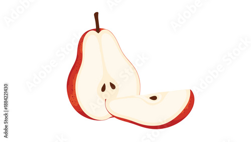 Sliced red pear with one whole half and a separate wedge displayed on a clean white background for food design.