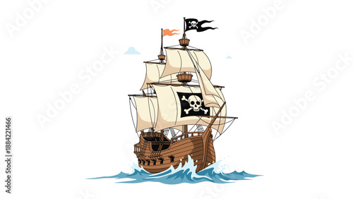 Classic wooden pirate ship with white sails and black flags sailing across the ocean waves on a clear day.