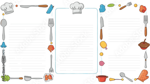 Creative menu template for a restaurant or bakery featuring kitchen tools, ingredients, and a tall chef hat.