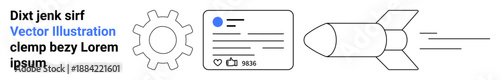 Business strategy, technology, digital media, social networking, innovation, and progress. Linear gear, social media post layout and rocket motif. Business strategy and innovation concept