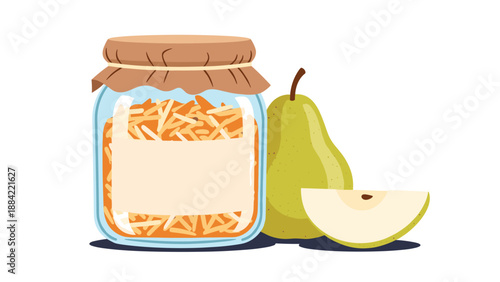 Glass jar filled with shredded orange carrots or fruit preserves stands next to a whole green pear and a slice on white background.