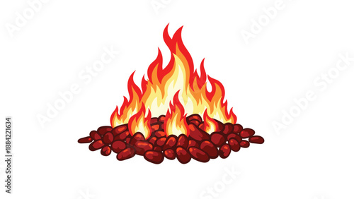 Vibrant bonfire with bright orange and red flames burning over a pile of hot glowing coals and embers against a white backdrop.