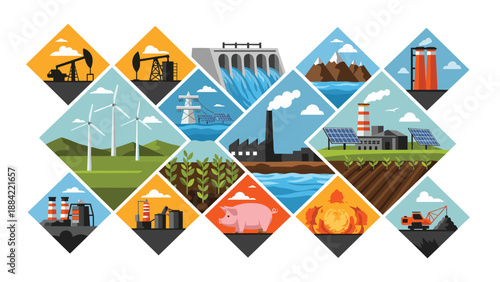Comprehensive collection of isometric icons representing various energy sources and industrial processes from oil to wind and solar power.