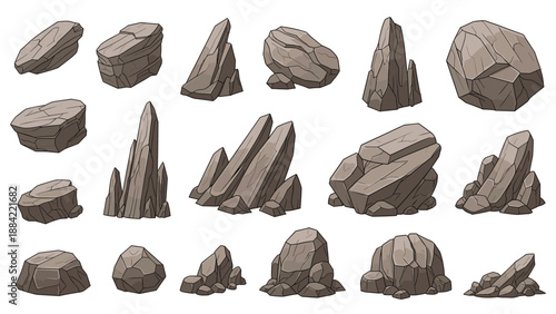 Diverse collection of gray stone and rock formations with various shapes and sizes displayed individually on a clean white background.