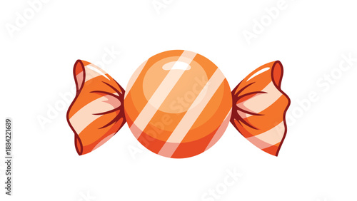 Round orange and white striped hard candy wrapped in matching orange paper twists at both ends over a white background.