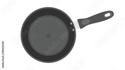 Overhead shot of a clean black non-stick frying pan with a long handle and silver details placed on a solid white background.