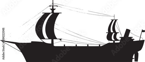 Black Sailing Ship Silhouette on White Background