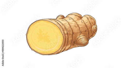Close-up of a thick piece of fresh ginger root showing its rough brown skin and circular cut end on a white background.