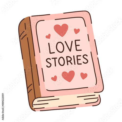 Cute hand-drawn book illustration with hearts and romantic lettering. Cozy flat vector style perfect for love stories, Valentine’s Day designs, greeting cards, stickers, social media, and branding vis