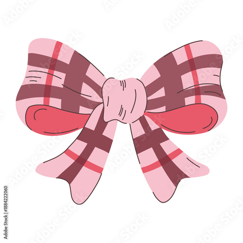 Pink and red bow, gift ribbon. Bowknot hand drawn, flat style. Fashionable illustration. Hair accessories. Bow knot for gift wrapping. Gift bow, magic bow illustration.Celebration, party