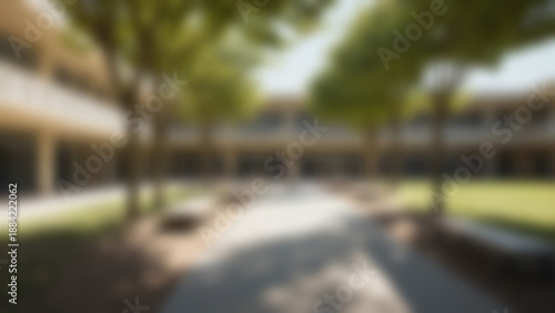 Blurred background of Modern school courtyard with shaded seating zones and open walkways, no people, gentle afternoon light, lifestyle architectural photo.