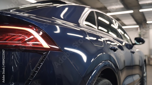 Close-up of a dark blue luxury car featuring glossy metallic paint and modern LED tail lights in a professional showroom