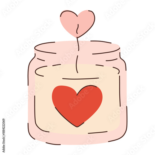 Cute hand-drawn candle in a glass jar with a heart flame. Cozy romantic flat vector perfect for Valentine’s Day designs, love cards, wedding decor, stickers, social media posts, and branding