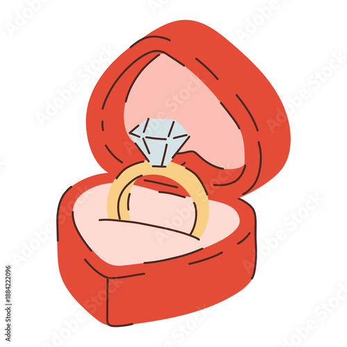 Cute hand-drawn vector of a diamond ring in a heart-shaped jewelry box. Romantic pastel illustration perfect for engagement announcements, Valentine’s Day designs, wedding invitations, love stories, a