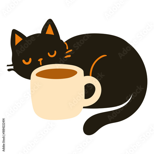 Cartoon illustration of a black cat with coffee mug. Cute fall animal character for kids stickers, social media, print decor and card design. Png on transparent background