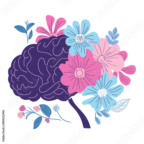 Illustration of floral brain. Mental health design concept. Png on transparent background