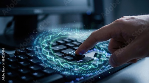 Finger Pressing Enter Key with Digital Overlay. Ai generation