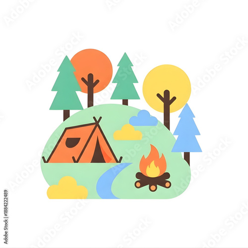 Vibrant flat illustration of a peaceful camping scene with a cozy orange tent, warm bonfire, and colorful trees, perfect for outdoor adventures and nature exploration