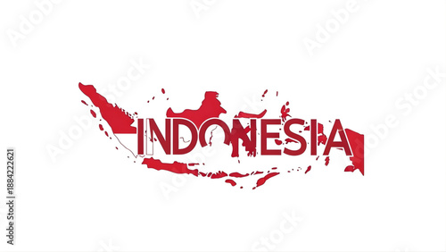 Stylized graphic illustration depicting the Indonesian archipelago map in vibrant red, featuring the nation's name integrated, symbolizing national identity and rich cultural heritage