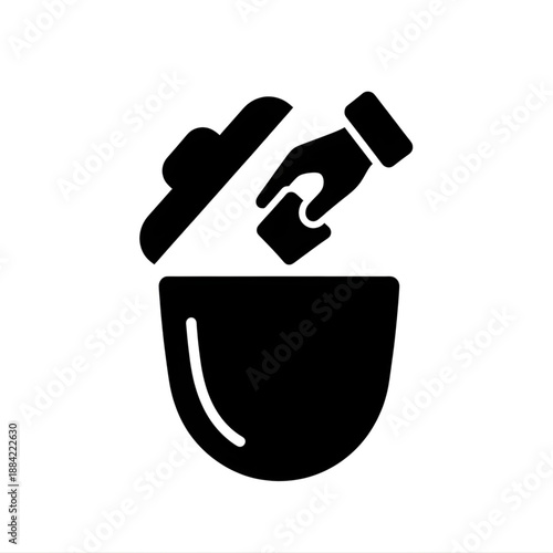Clean up and disposal icon featuring a hand dropping an item into a refuse bin, symbolizing waste management, digital deletion, or removal actions