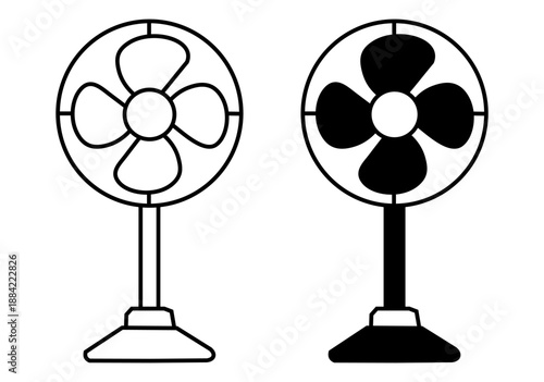 Icon, fan illustration, black and white, outline and silhouette versions