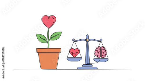 Minimal Continuous Line Colorful Icons of Heart Growth, Potted Heart, Heart-Brain Balance Scale