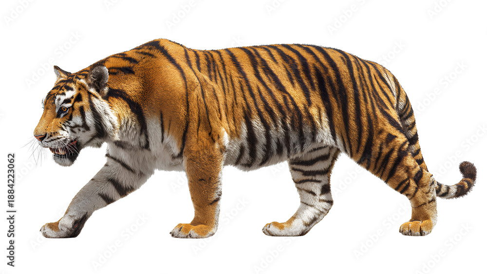 Obraz premium Realistic Bengal Tiger Walking Side View Isolated on Transparent Background