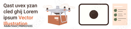 Logistics, e-commerce, delivery services, shipping, quadcopter technology, remote monitoring. A Quadcopter with a package, a camera icon and a checklist. Logistics and e-commerce