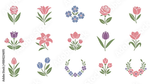 Collection of various flowers and floral arrangements in different colors and styles