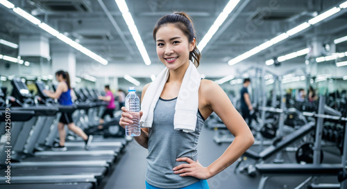 Fit Asian woman holding a water bottle and a towel, smiling after a workout in a modern, well-equipped gym.