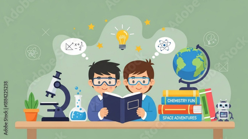 Two students studying together with books globe and science equipment on a desk in a classroom setting with educational thoughts
