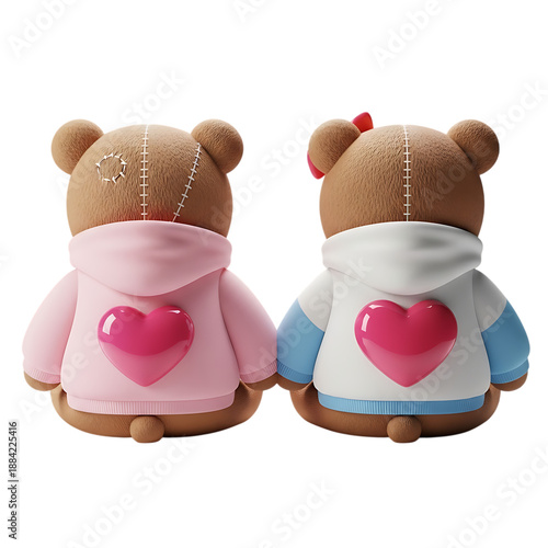 Pink and blue teddy bear hoodies with heart designs isolated on transparent background