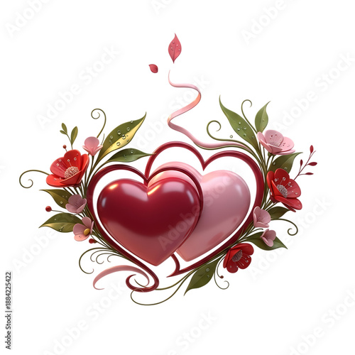 Red love heart with roses and ribbon isolated on transparent background
