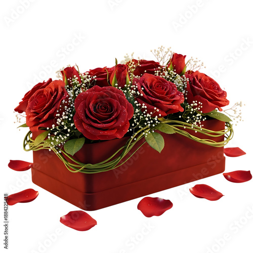 Red roses bouquet in square gift box isolated on transparent background
