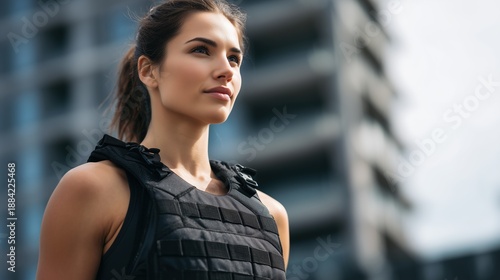 Fit woman in sports bra and olive green rucking vest training in urban park environment, early morning fog, dynamic walking pose, muscular definition visible