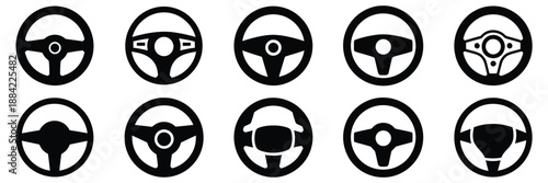 car steering wheel icons set silhouette and line style symbols for vehicle interface and design, a premium ranked illustration set showcasing clean automotive controls for apps, infotainment system