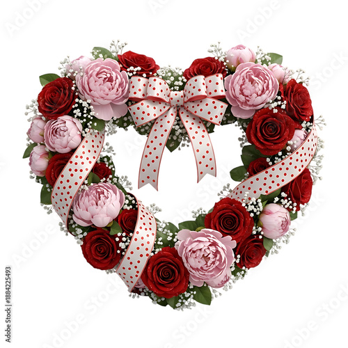 Elegant heart-shaped floral wreath with red roses and pink peonies isolated on transparent background