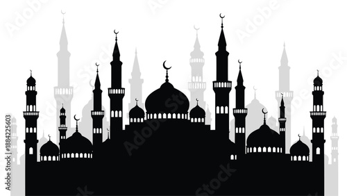 Silhouetted view of a majestic mosque with crescent moons and intricate details