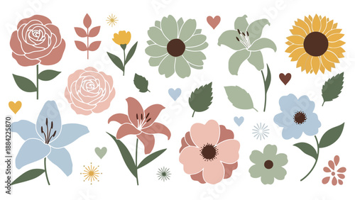 Vibrant floral arrangement illustration featuring diverse flowers and leaves from various viewpoints