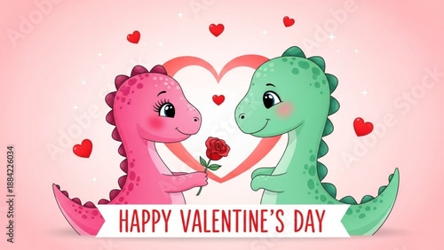 Cute pink and green dinosaurs holding heart with valentine's day message on pink background with hearts