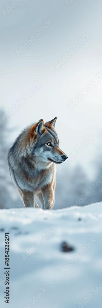 Obraz premium Lone grey wolf observes its snowy surroundings with keen eyes, sanctuary, ancient